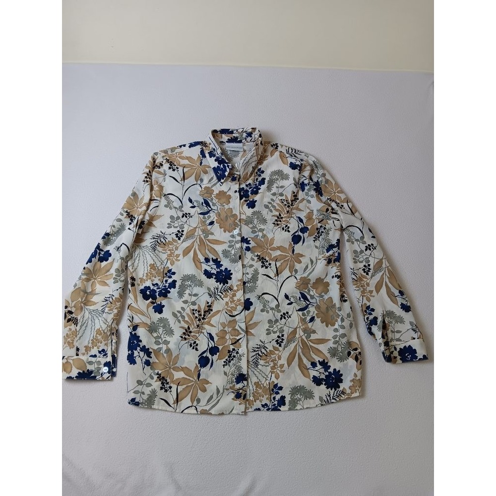 Alfred Dunner Size 16 Floral Button Down Shirt Blouse Navy Tan Long Sleeve Ivory